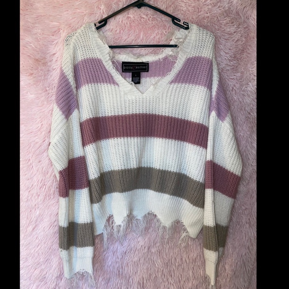 White, Lavender, Purple, and Tan Striped Sweater.